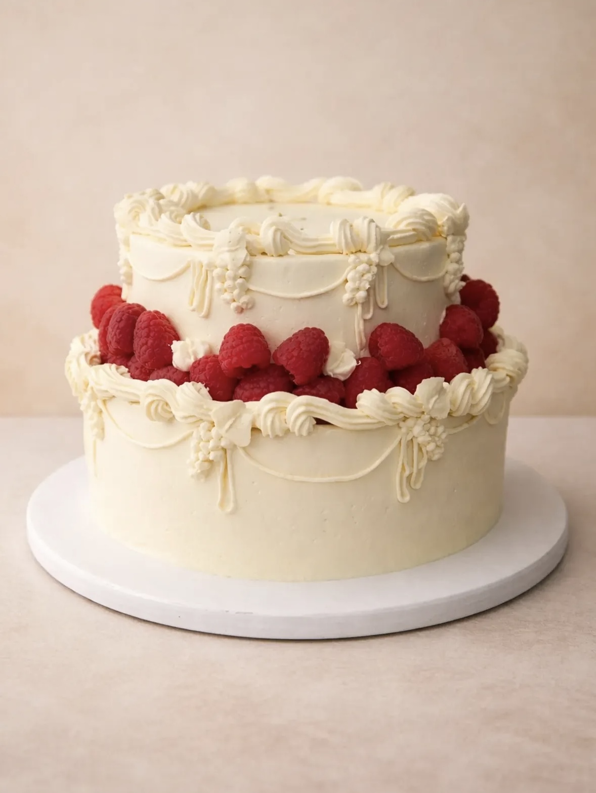 Pastel de dos pisos con frambuesas